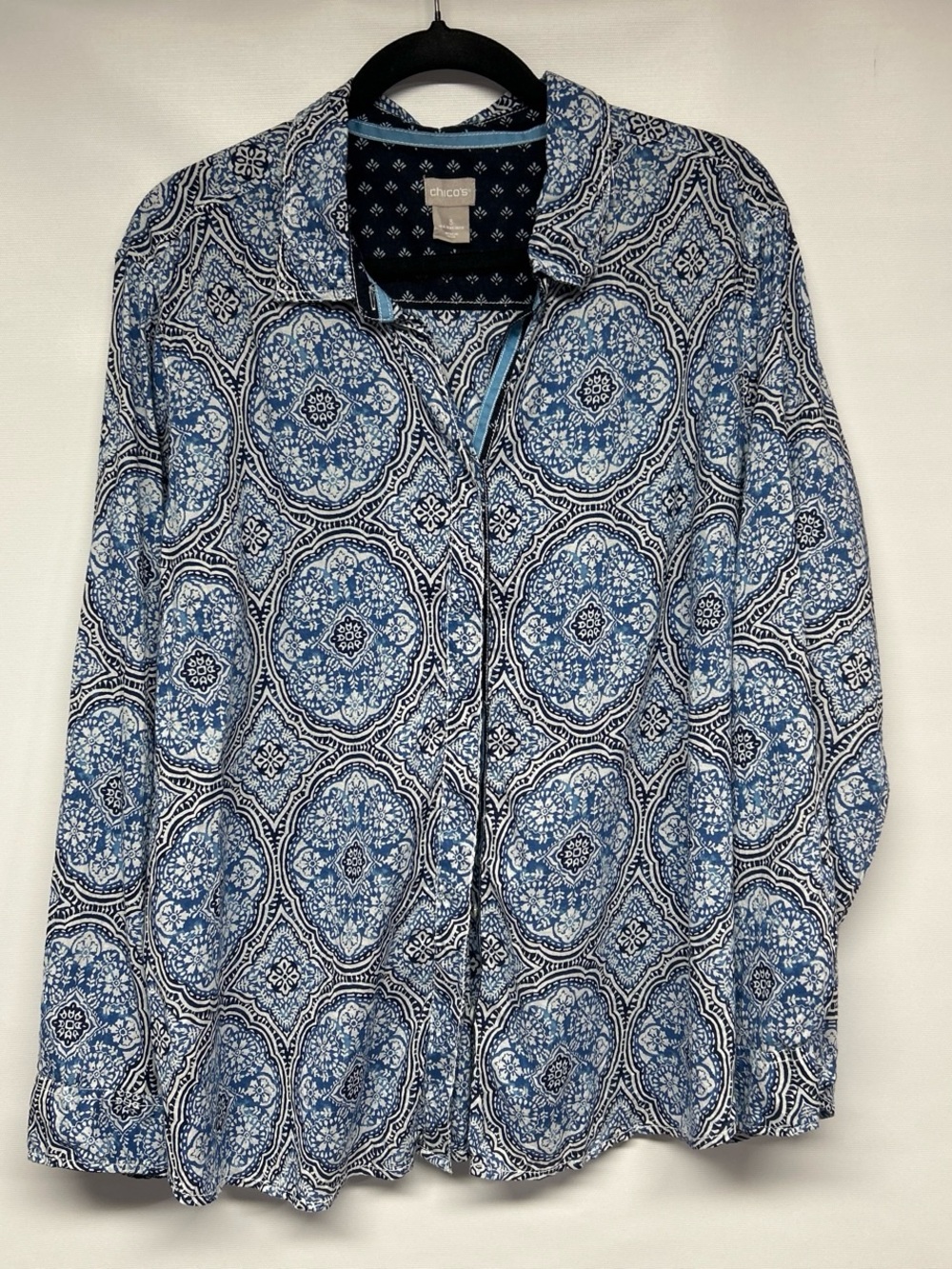 Chico's Blue and White Medallion Button-Down Shirt